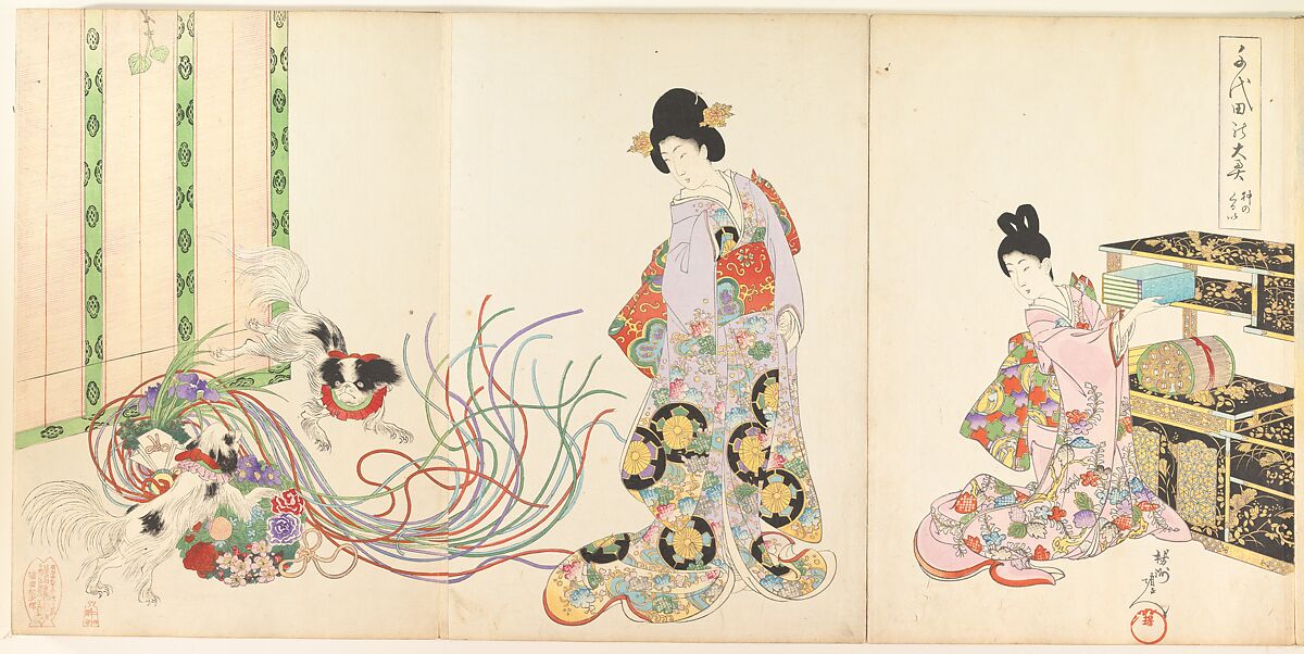 Chiyoda Castle (Album of Women), Yōshū (Hashimoto) Chikanobu (Japanese, 1838–1912), Triptych of woodblock prints; ink and color on paper, Japan 