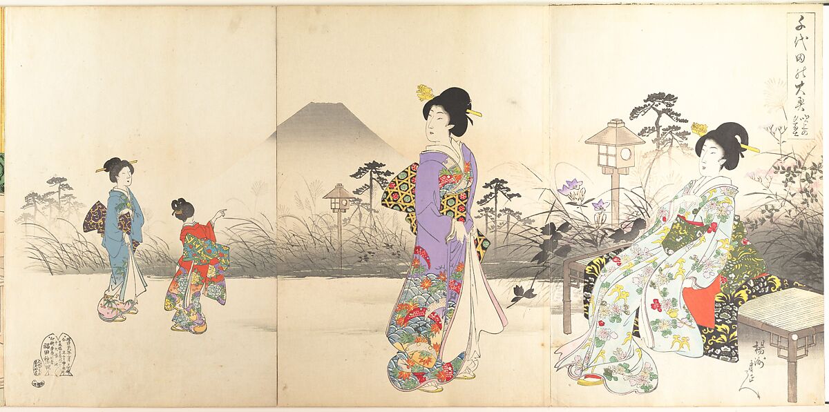 Chiyoda Castle (Album of Women), Yōshū (Hashimoto) Chikanobu (Japanese, 1838–1912), Triptych of woodblock prints; ink and color on paper, Japan 