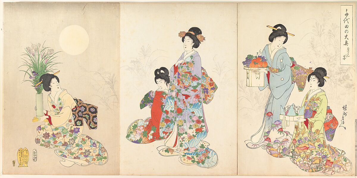 Chiyoda Castle (Album of Women), Yōshū (Hashimoto) Chikanobu (Japanese, 1838–1912), Triptych of woodblock prints; ink and color on paper, Japan 