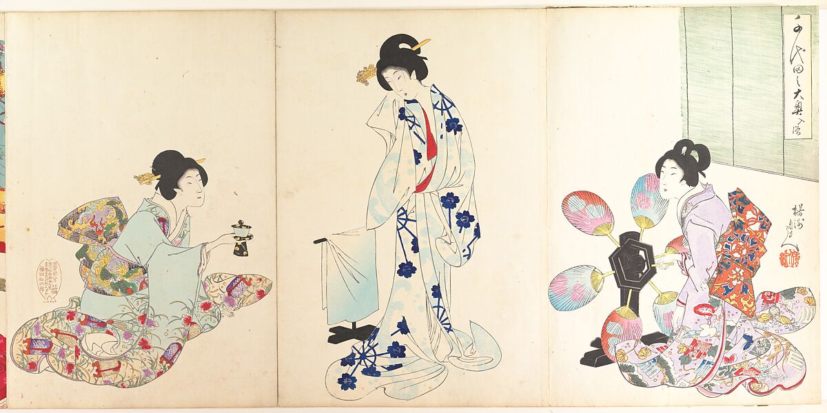 Chiyoda Castle (Album of Women), Yōshū (Hashimoto) Chikanobu (Japanese, 1838–1912), Triptych of woodblock prints; ink and color on paper, Japan 