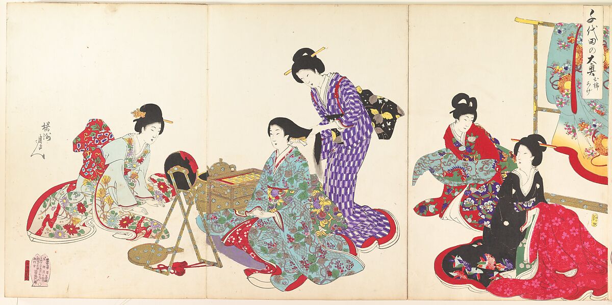 Chiyoda Castle (Album of Women), Yōshū (Hashimoto) Chikanobu (Japanese, 1838–1912), Triptych of woodblock prints; ink and color on paper, Japan 