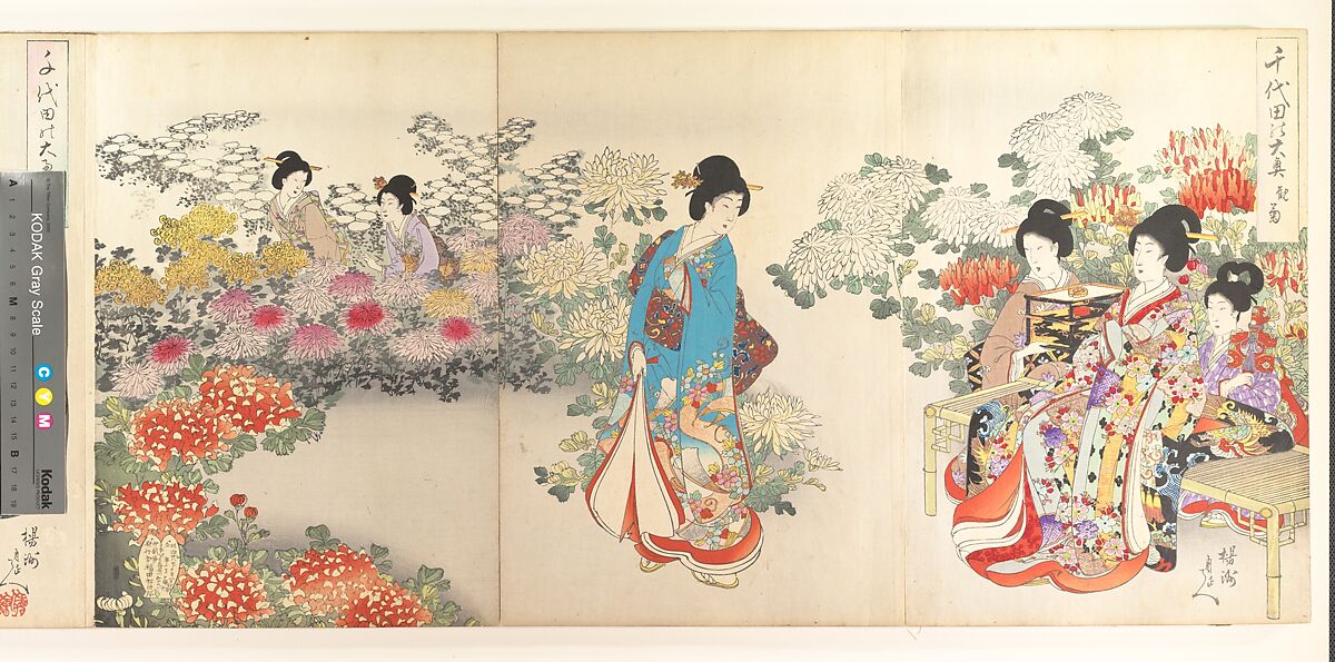 Chiyoda Castle (Album of Women), Yōshū (Hashimoto) Chikanobu (Japanese, 1838–1912), Triptych of woodblock prints; ink and color on paper, Japan 