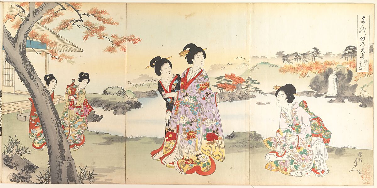 Chiyoda Castle (Album of Women), Yōshū (Hashimoto) Chikanobu (Japanese, 1838–1912), Triptych of woodblock prints; ink and color on paper, Japan 