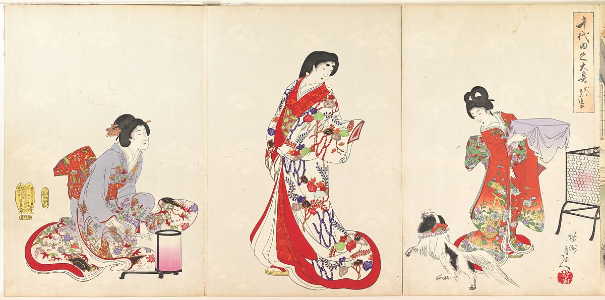 Chiyoda Castle (Album of Women), Yōshū (Hashimoto) Chikanobu (Japanese, 1838–1912), Triptych of woodblock prints; ink and color on paper, Japan 