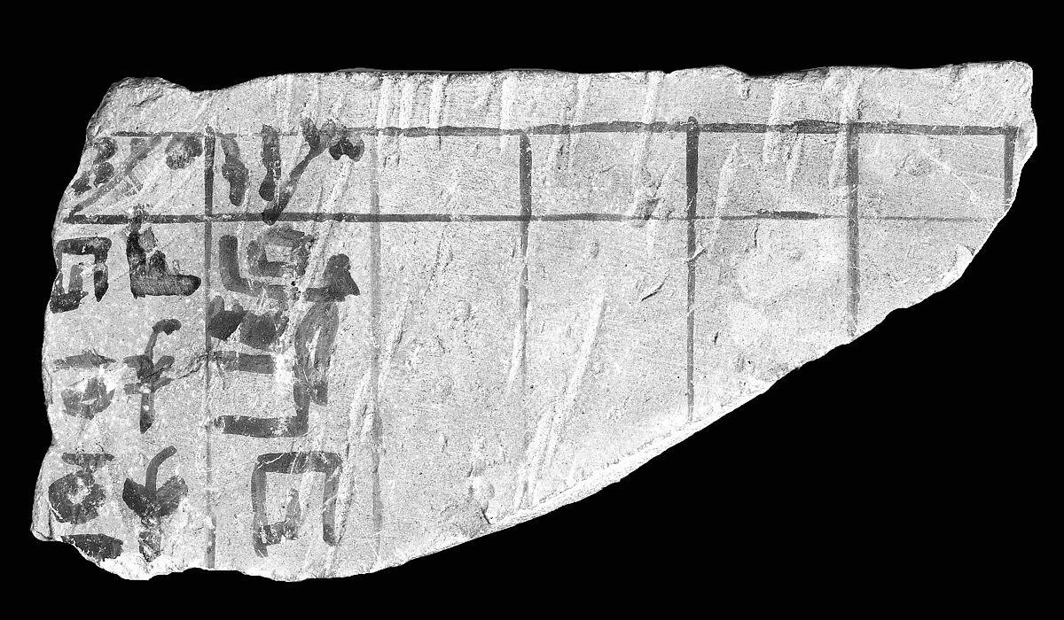 Ostracon with a grid giving days of the months in hieratic against names and locations in hieroglyphs, Limestone, ink