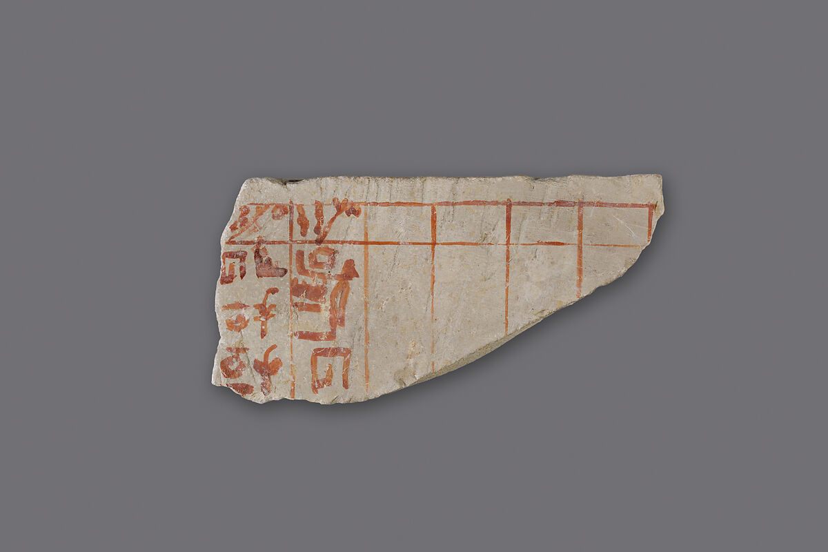 Ostracon with a grid giving days of the months in hieratic against names and locations in hieroglyphs, Limestone, ink 