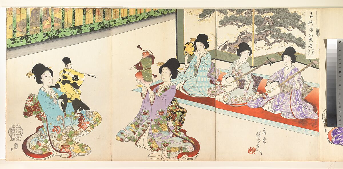 Ladies in Waiting of the Chiyoda Castle: Sword Practice and Puppet Kyōgen, Yōshū (Hashimoto) Chikanobu (Japanese, 1838–1912), Triptych from an album of woodblock prints; ink and color on paper, Japan 