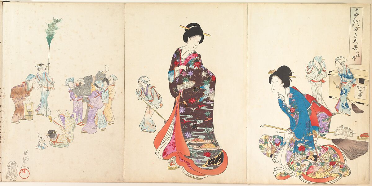 Chiyoda Castle (Album of Women), Yōshū (Hashimoto) Chikanobu (Japanese, 1838–1912), Pentaptych of woodblock prints; ink and color on paper, Japan 