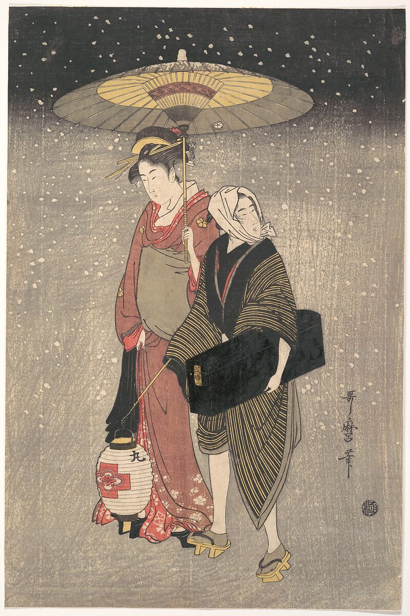 Geisha Walking through the Snow at Night, Kitagawa Utamaro (Japanese, ca. 1754–1806), Woodblock print; ink and color on paper, Japan 