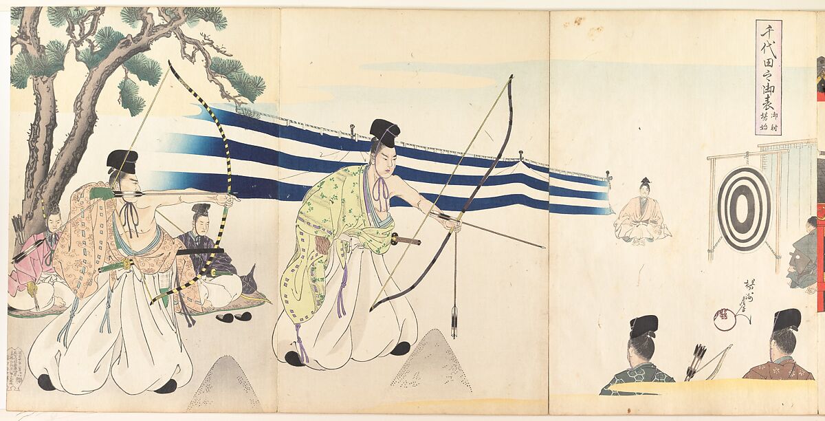 Chiyoda Castle (Album of Men), Yōshū (Hashimoto) Chikanobu (Japanese, 1838–1912), Triptych of woodblock prints; ink and color on paper, Japan 