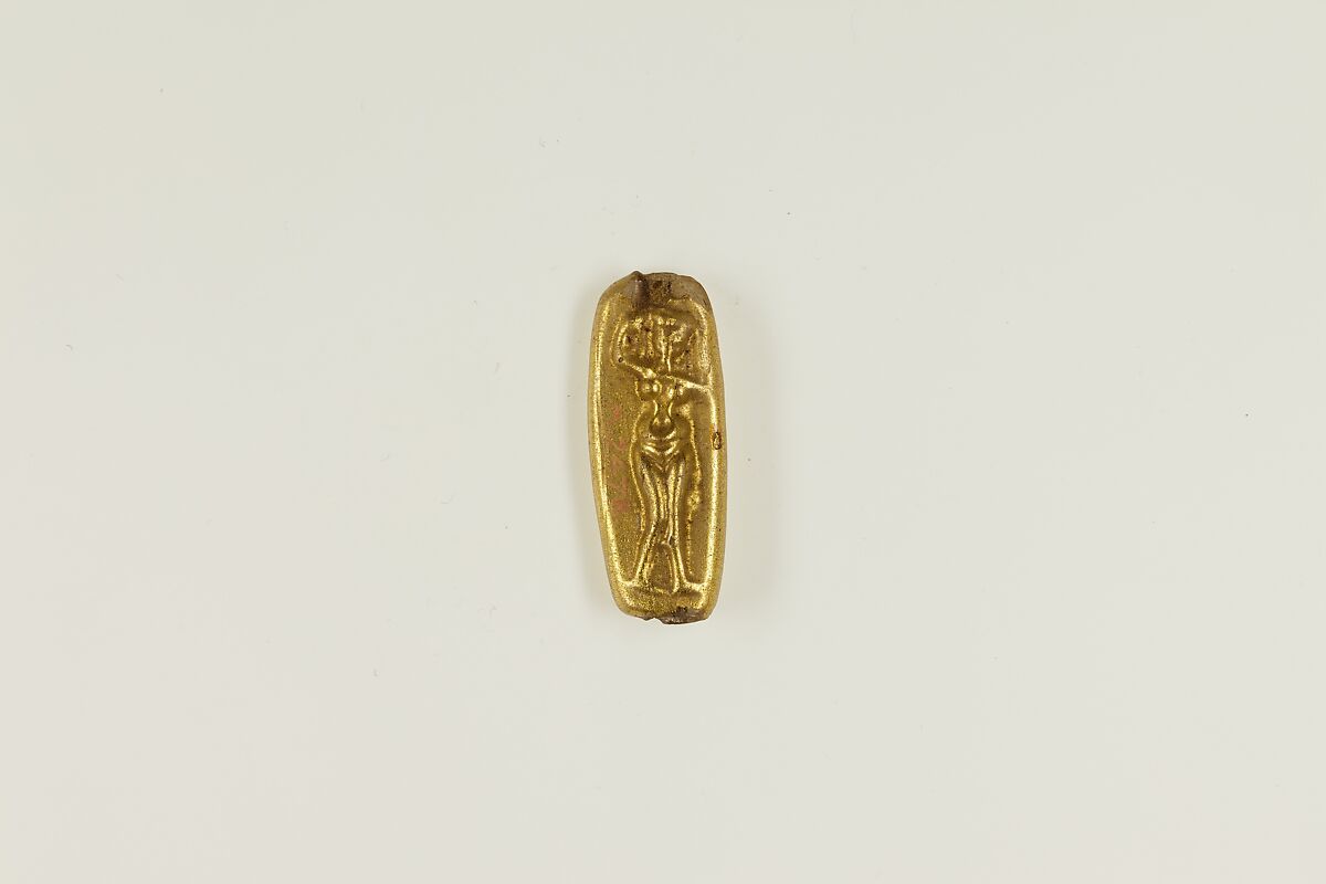 Bead with figure of a goddes (Aphrodite Anadyomene?), glass, gold foil 