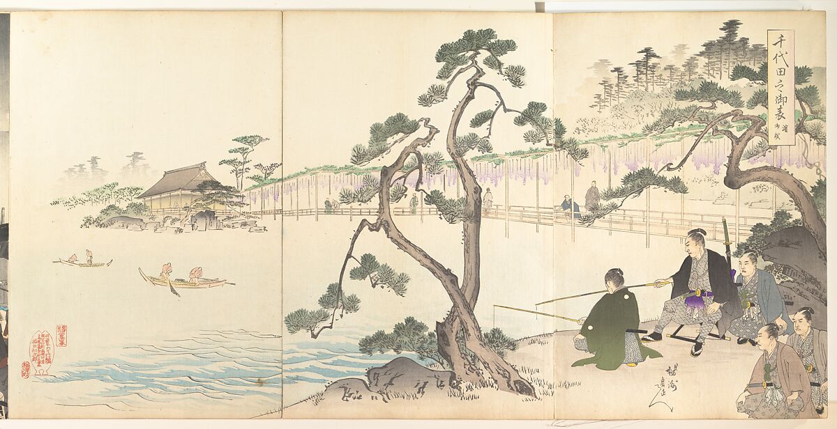 Chiyoda Castle (Album of Men), Yōshū (Hashimoto) Chikanobu (Japanese, 1838–1912), Triptych of woodblock prints; ink and color on paper, Japan 