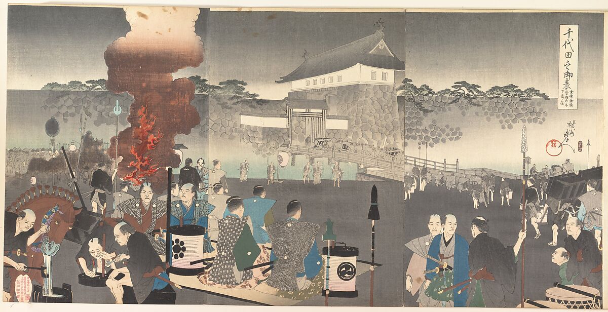 Chiyoda Castle (Album of Men), Yōshū (Hashimoto) Chikanobu (Japanese, 1838–1912), Triptych of woodblock prints; ink and color on paper, Japan 