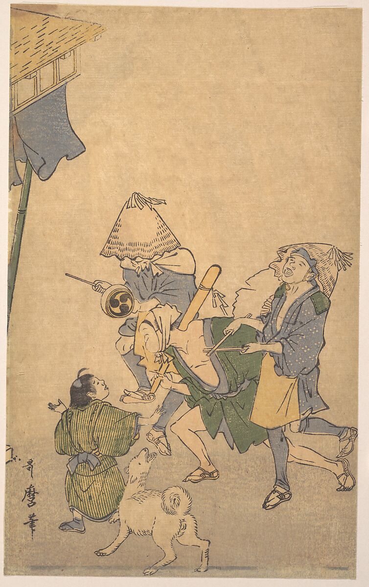 Three Revelers of the Lower Classes, Wearing Komuso Hats, with Small Boy and Dog, Kitagawa Utamaro (Japanese, ca. 1754–1806), Woodblock print; ink and color on paper, Japan 