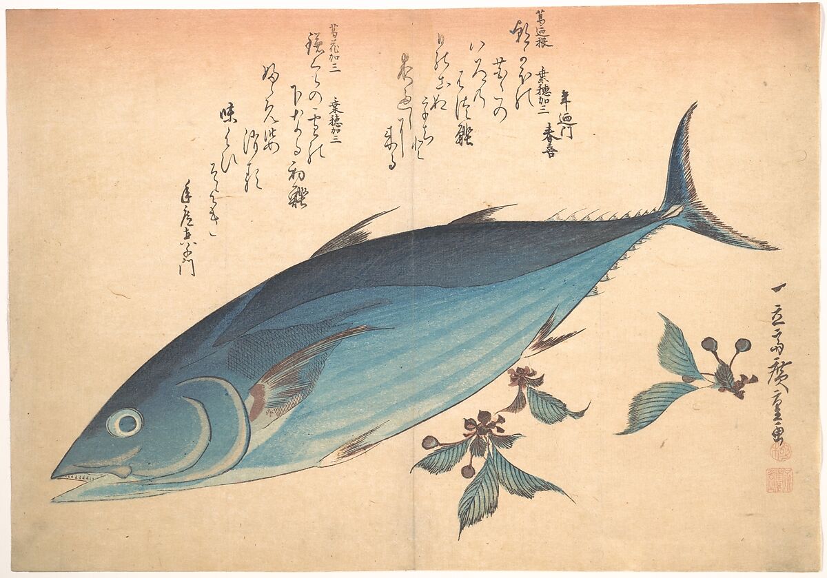 Katsuo Fish with Cherry Buds, from the series Uozukushi (Every Variety of Fish), Utagawa Hiroshige (Japanese, Tokyo (Edo) 1797–1858 Tokyo (Edo)), Woodblock print; ink and color on paper, Japan 