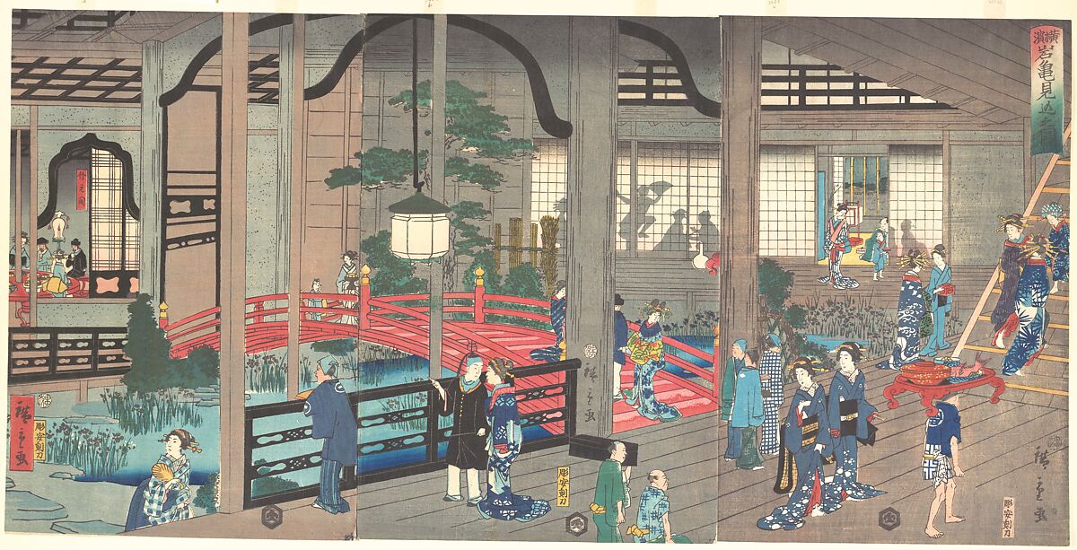 The Interior of the Gankiro Tea House in Yokohama, Suzuki Hiroshige II (Japanese, 1826–1869), Triptych of woodblock prints; ink and color on paper, Japan 