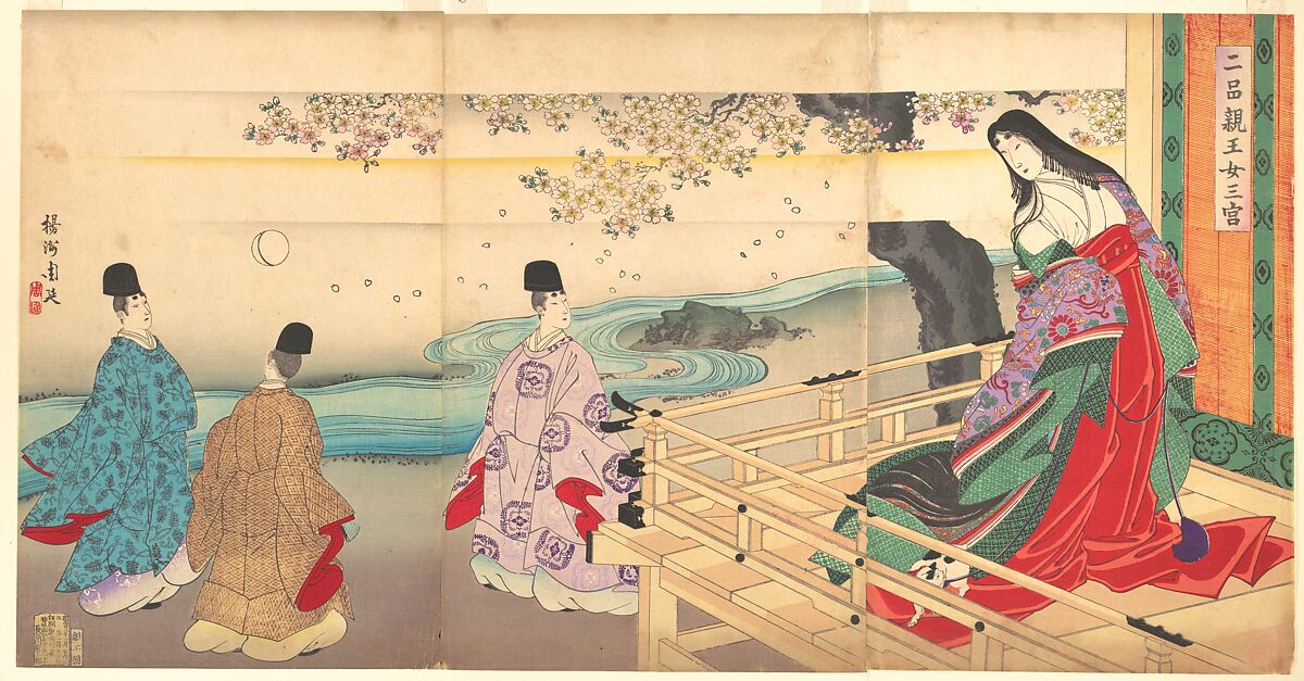 The Third Princess and Kashiwagi, from Chapter 34, “New Herbs I (Wakana I)” (Nihon shinnō onna sannomiya), Yōshū (Hashimoto) Chikanobu (Japanese, 1838–1912), Triptych of woodblock prints; ink and color on paper, Japan 