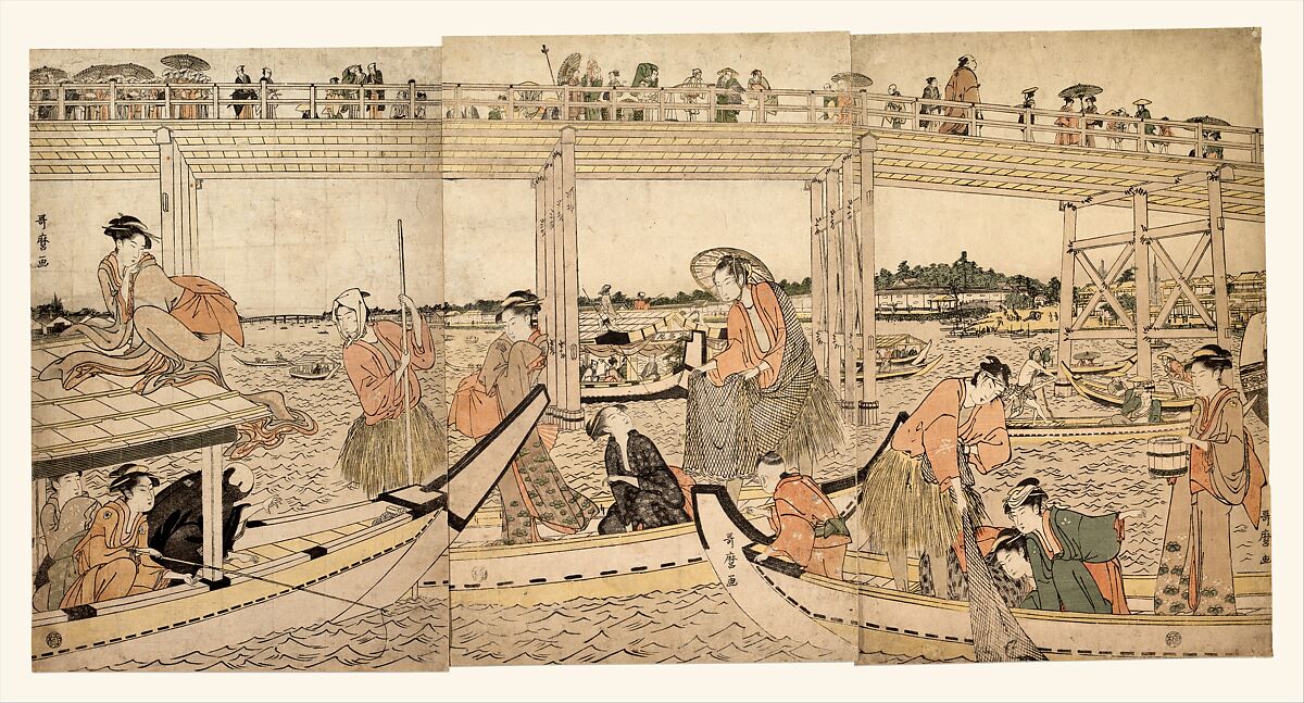 Fishing Boats with Nets under Ryōgoku Bridge, Kitagawa Utamaro (Japanese, ca. 1754–1806), Triptych of woodblock prints; ink and color on paper, Japan 