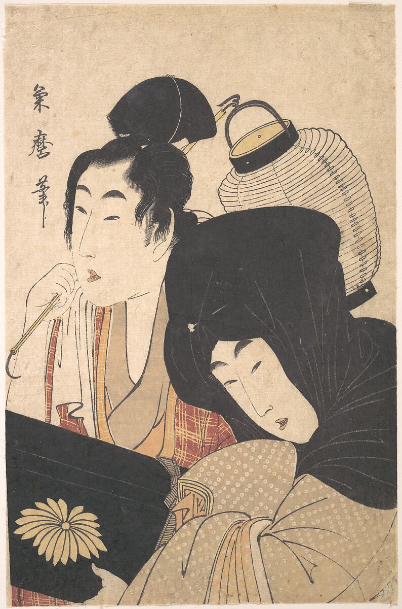 Young Woman at Night accompanied by a Servant Carrying a Lantern and a Shamisen Box, Kitagawa Kikumaro (Japanese, died 1830), Woodblock print; ink and color on paper, Japan 