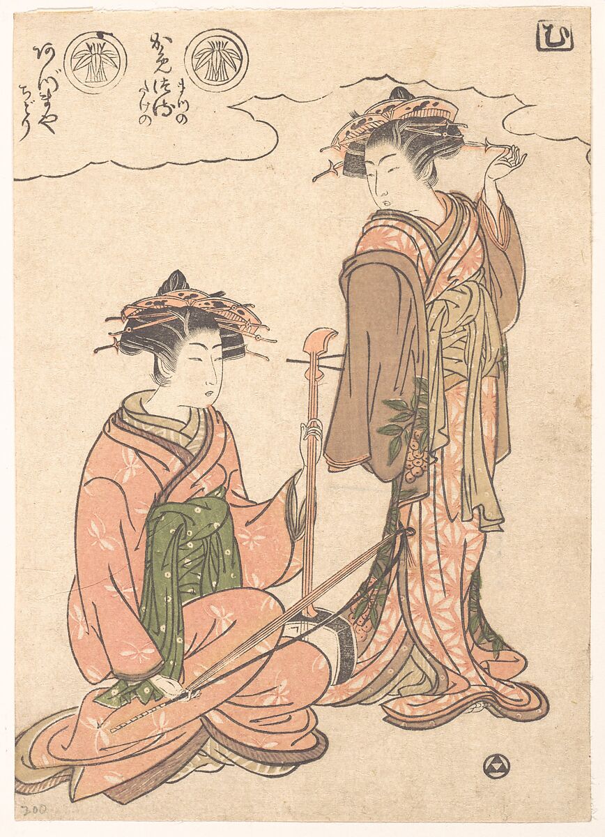 Two Geisha, Isoda Koryūsai (Japanese, 1735–ca. 1790), Woodblock print; ink and color on paper, Japan 