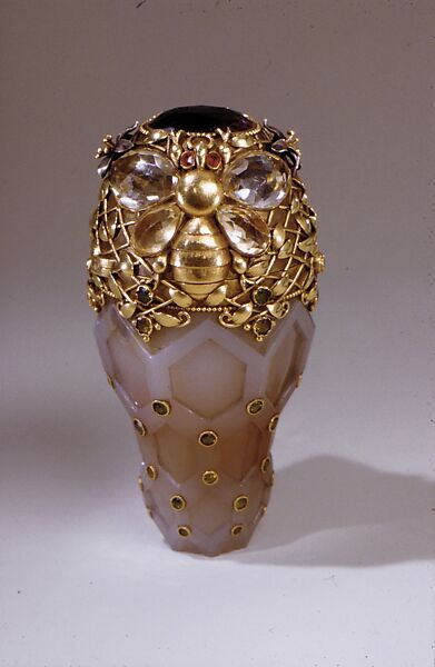 Perfume Bottle, Tiffany &amp; Co. (1837–present), Gold, agate, yellow sapphires, demantoid garnets, red garnets, and amethyst, American 