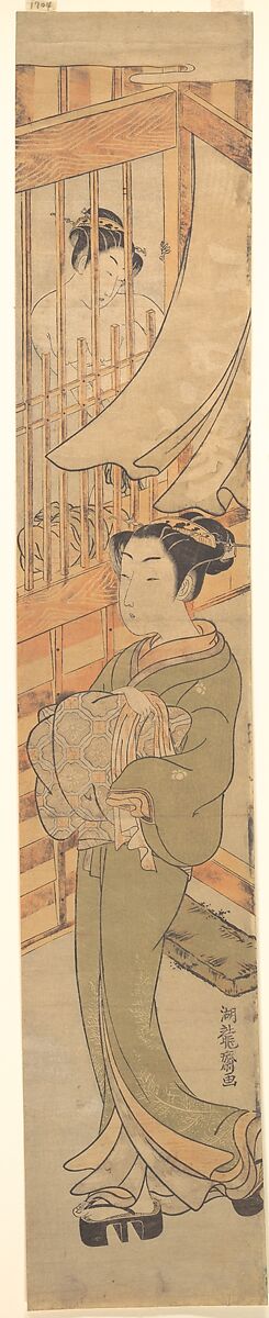 In the Yoshiwara District, Isoda Koryūsai (Japanese, 1735–ca. 1790), Woodblock print; ink and color on paper, Japan 