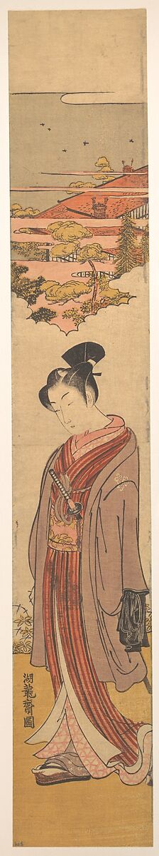 Young Man Strolling near the Sea, Isoda Koryūsai (Japanese, 1735–ca. 1790), Woodblock print; ink and color on paper, Japan 
