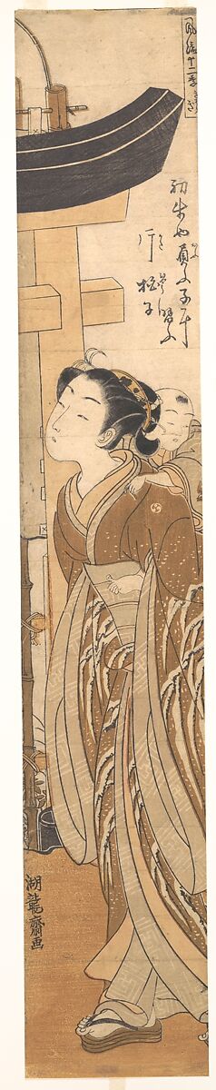 A Woman Carrying a Child on Her Back near the Entrance to a Temple, Isoda Koryūsai (Japanese, 1735–ca. 1790), Woodblock print; ink and color on paper, Japan 