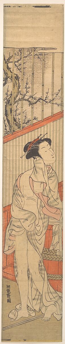 Girl Drying Herself after Her Bath, Isoda Koryūsai (Japanese, 1735–ca. 1790), Woodblock print; ink and color on paper, Japan 