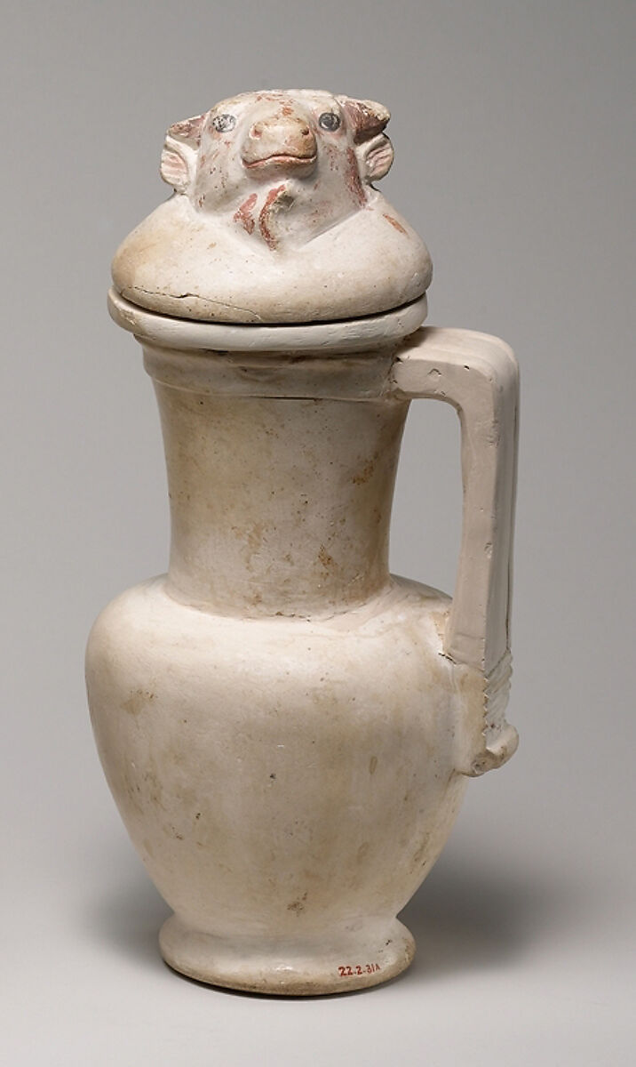 Jug and Lid with the Head of a Bull or Calf, Limestone, paint 