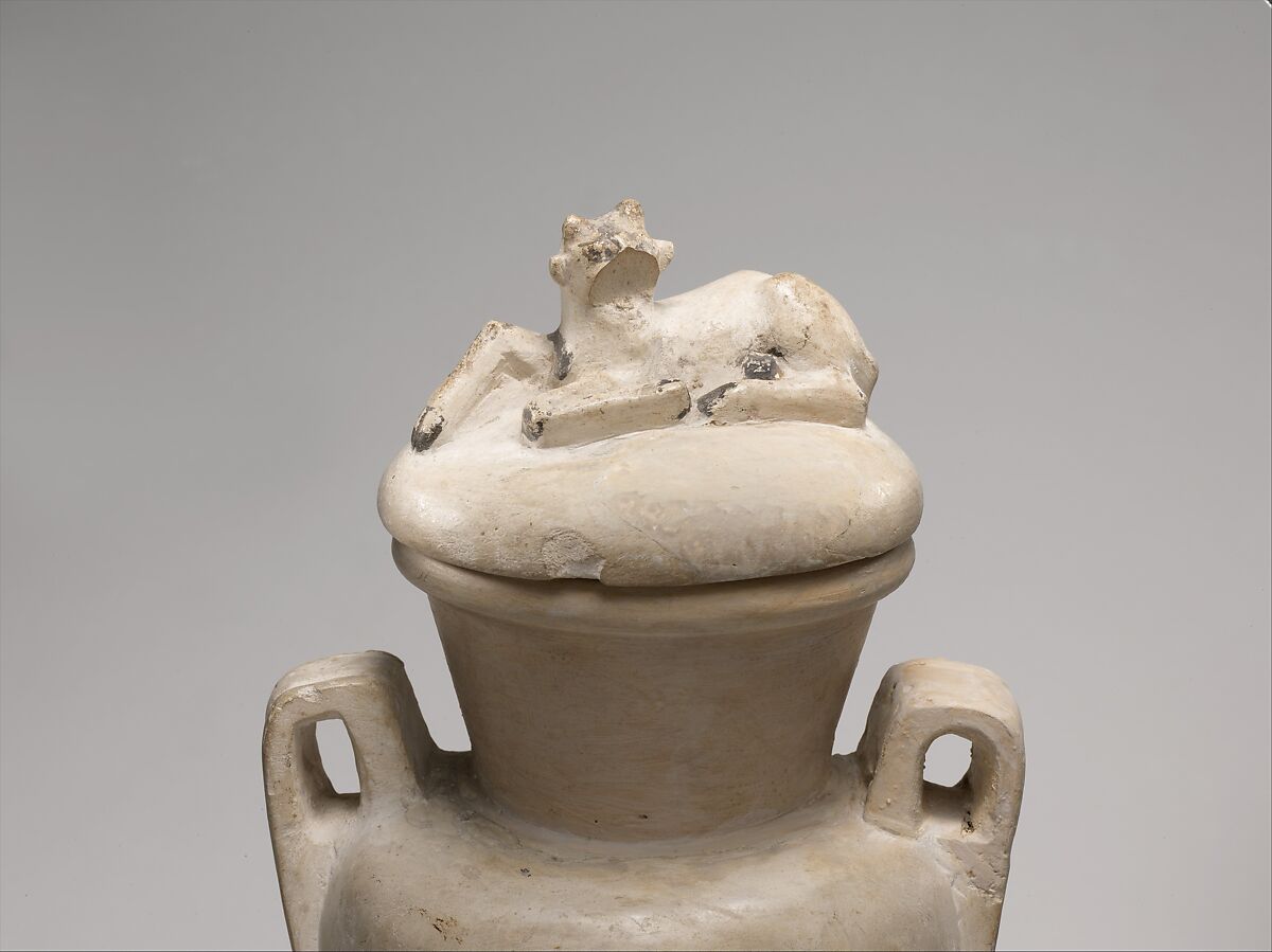 Two Handled Jar and Lid decorated with a Resting Ibix Calf, Limestone, paint