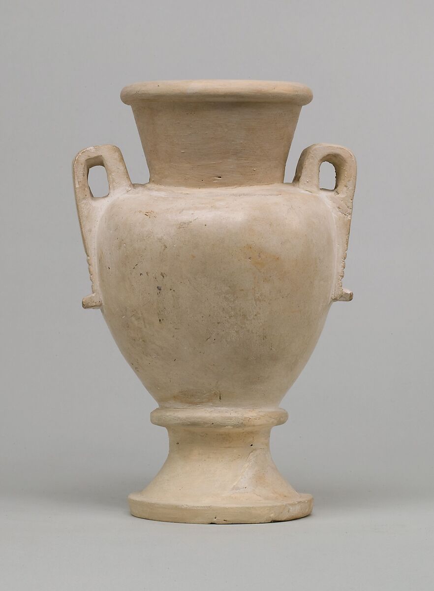 Two Handled Jar and Lid decorated with a Resting Ibix Calf, Limestone, paint