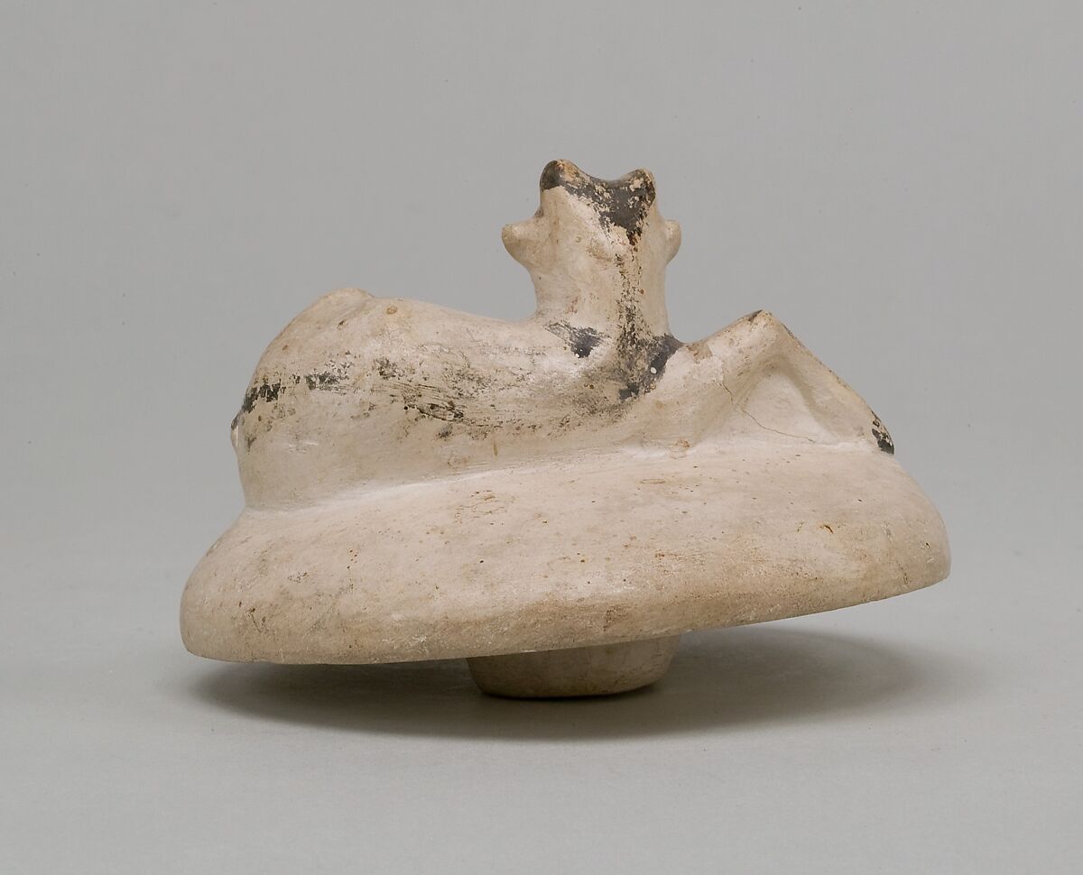 Two Handled Jar and Lid decorated with a Resting Ibix Calf, Limestone, paint