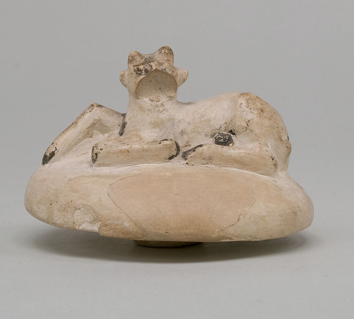 Two Handled Jar and Lid decorated with a Resting Ibix Calf, Limestone, paint