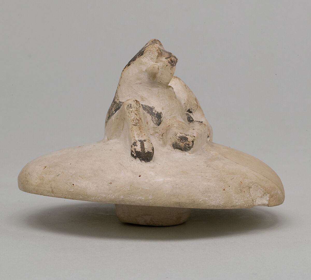 Two Handled Jar and Lid decorated with a Resting Ibix Calf, Limestone, paint