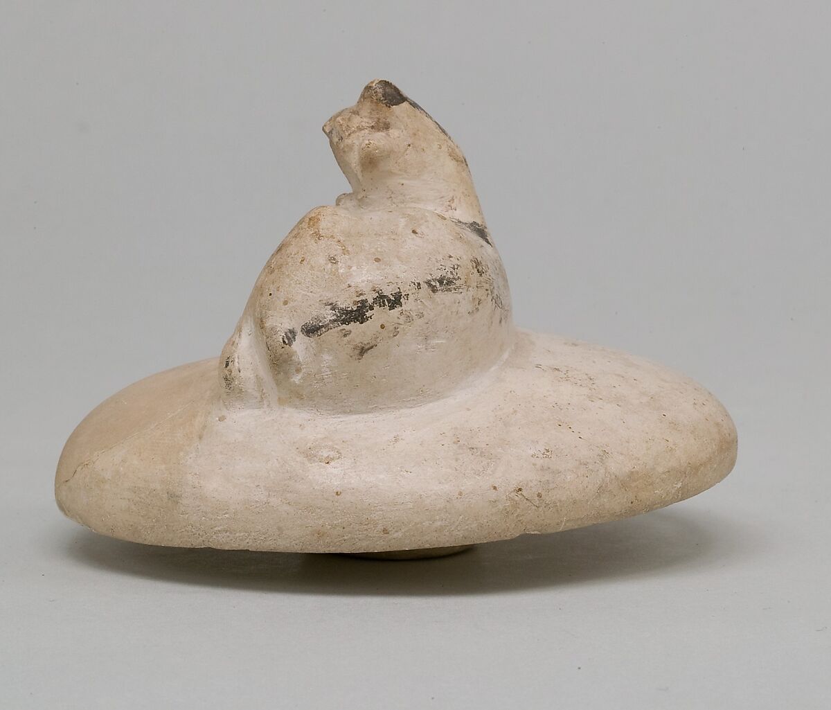 Two Handled Jar and Lid decorated with a Resting Ibix Calf, Limestone, paint
