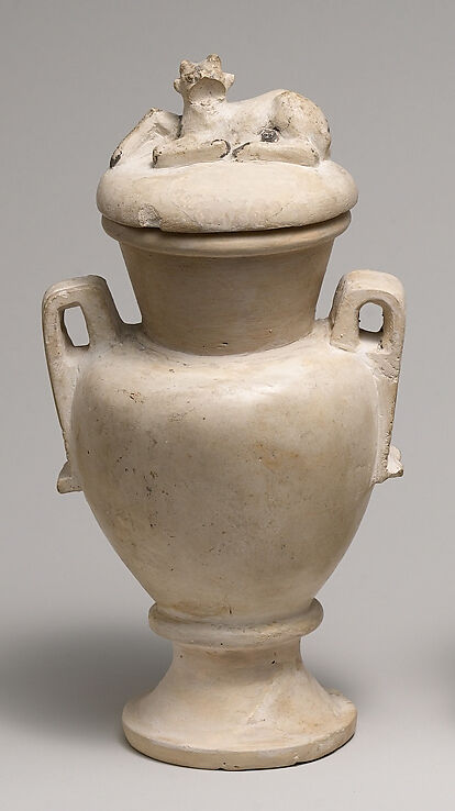 Two Handled Jar and Lid decorated with a Resting Ibix Calf, Limestone, paint 
