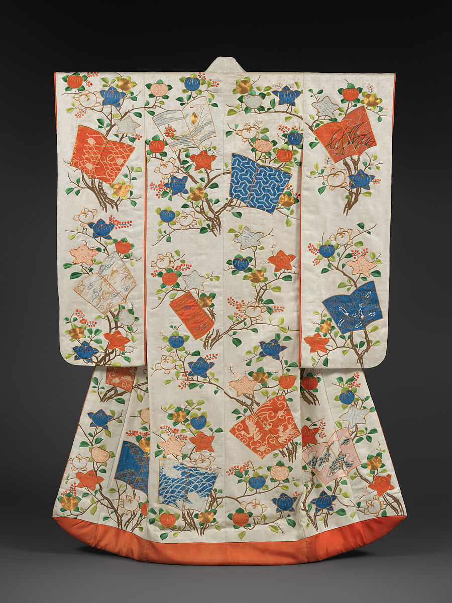 Woman's Overrobe (Uchikake) with Books and Mandarin Orange Branches, Embroidery in silk and metallic thread; appliqué of resist-dyed (shibori) silk fabrics on silk satin damask, Japan