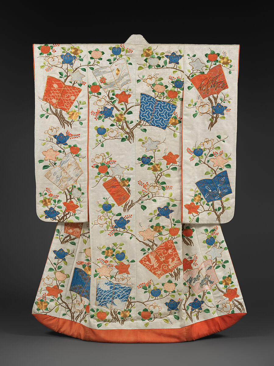 Woman's Overrobe (Uchikake) with Books and Mandarin Orange Branches, Embroidery in silk and metallic thread; appliqué of resist-dyed (shibori) silk fabrics on silk satin damask, Japan 