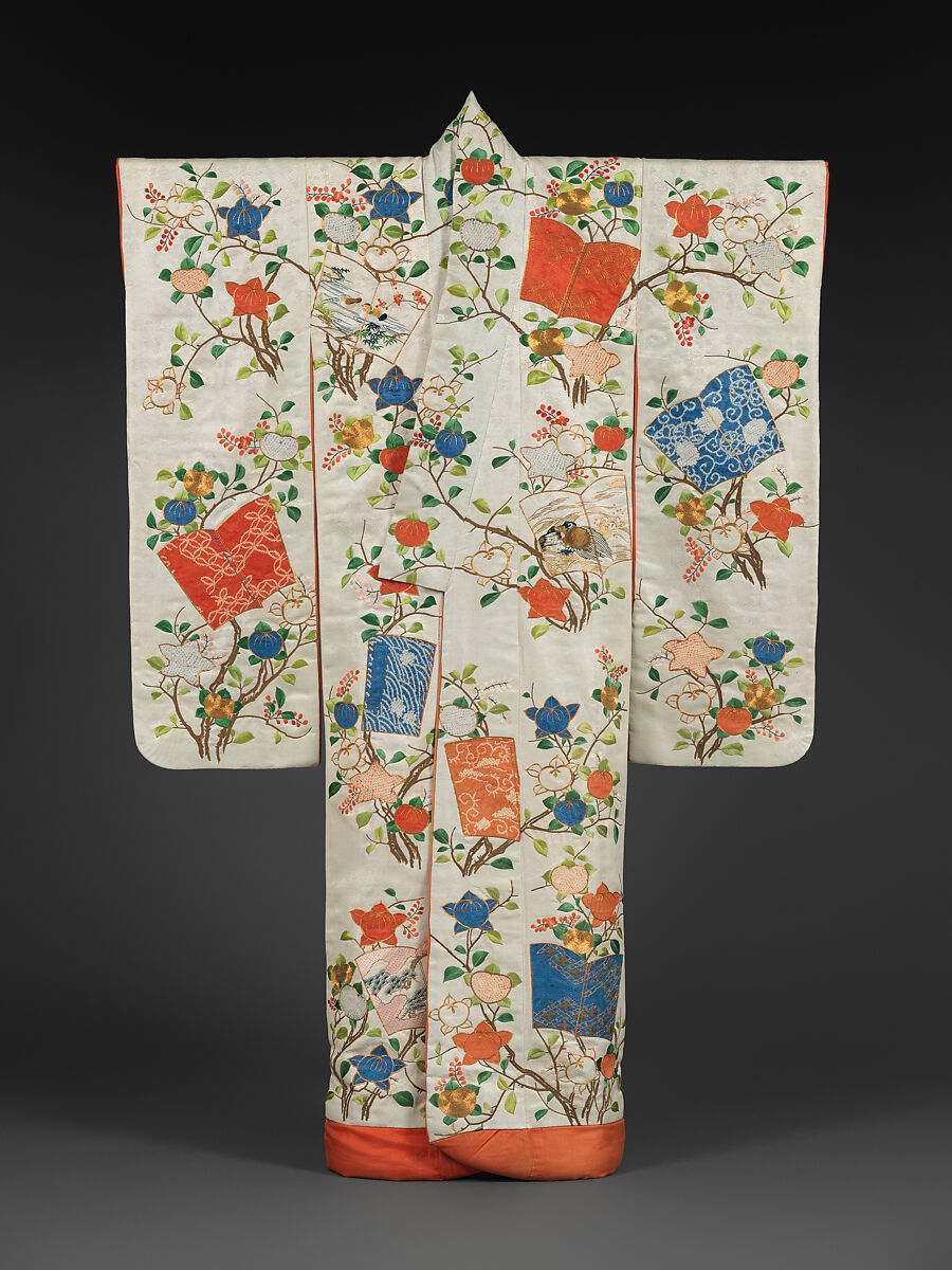 Woman's Overrobe (Uchikake) with Books and Mandarin Orange Branches, Embroidery in silk and metallic thread; appliqué of resist-dyed (shibori) silk fabrics on silk satin damask, Japan