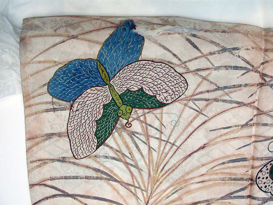 Noh robe (Nuihaku) with Design of Butterflies and Miscanthus Grass in Mist, Robe: gold and silver leaf on silk satin damask; butterflies: silk embroidery on plain-weave silk, Japan