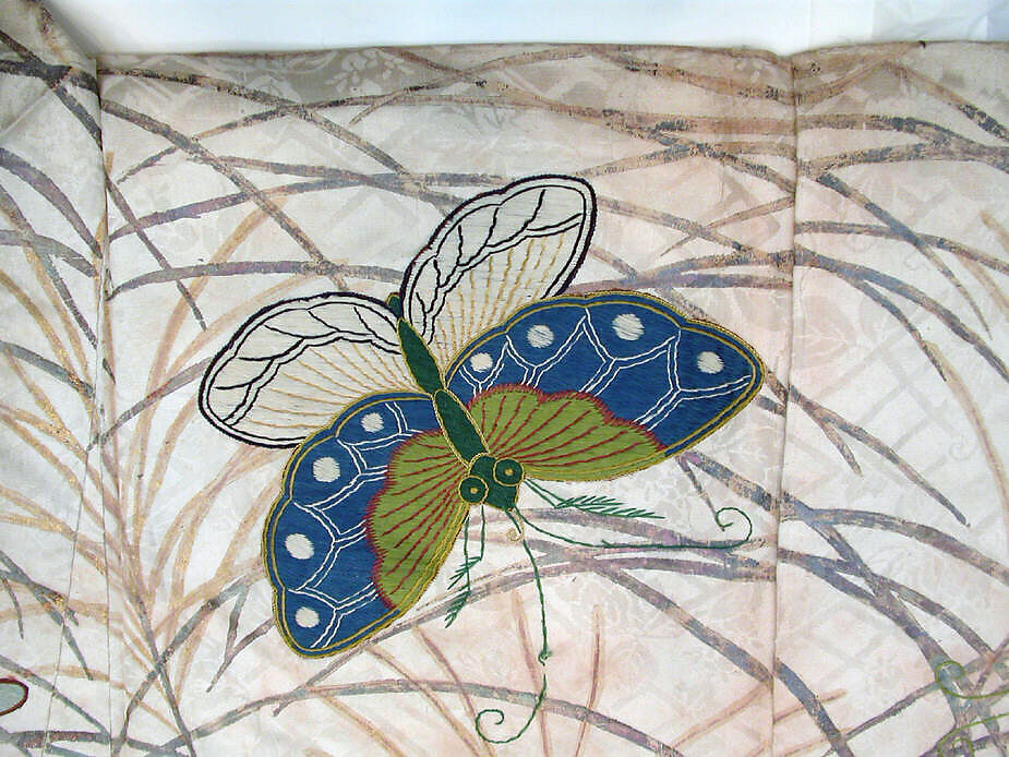 Noh robe (Nuihaku) with Design of Butterflies and Miscanthus Grass in Mist, Robe: gold and silver leaf on silk satin damask; butterflies: silk embroidery on plain-weave silk, Japan