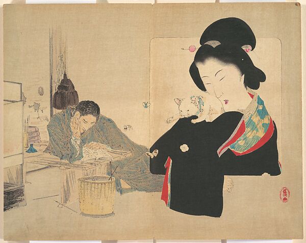 "On My Own", (ware kara), illustration from Bugei Kurabu (Literary Club), Mishima Shōsō (Japanese, 1856–1928), Frontispiece; woodblock print; ink and color on paper, Japan 