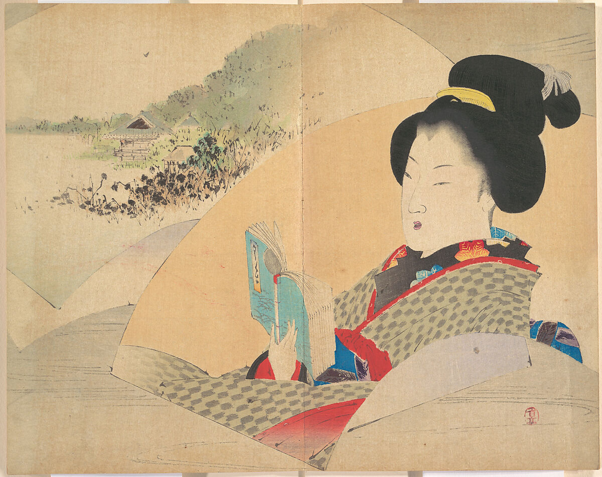 Beauty Looking at Shinobazu Pond, illustration from Bugei Kurabu (Literary Club), Watanabe Seitei (Japanese, 1851–1918), Frontispiece; woodblock print; ink and color on paper, Japan 