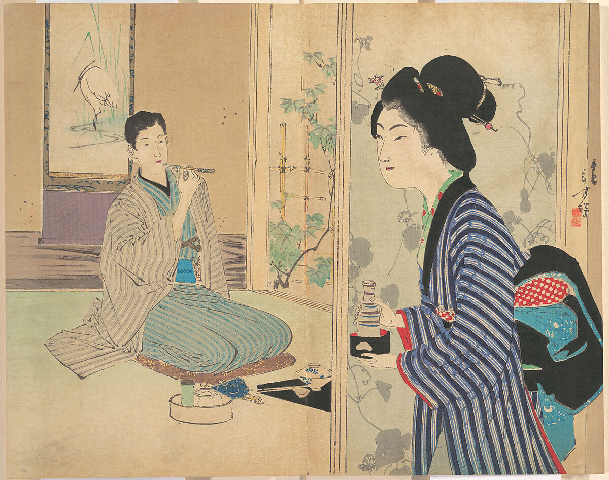 The Eel Master (Unagi danna), illustration from Bugei Kurabu (Literary Club), Mizuno Toshikata (Japanese, 1866–1908), Frontispiece; woodblock print; ink and color on paper, Japan 