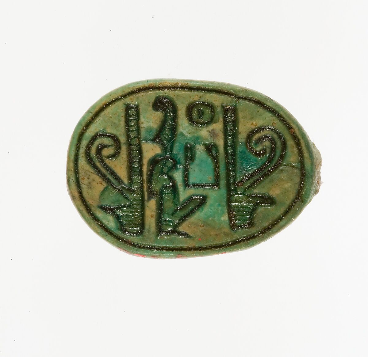 Scarab Inscribed with the Name Maatkare (Hatshepsut) Flanked by Two Red Crowns, Steatite (glazed) 