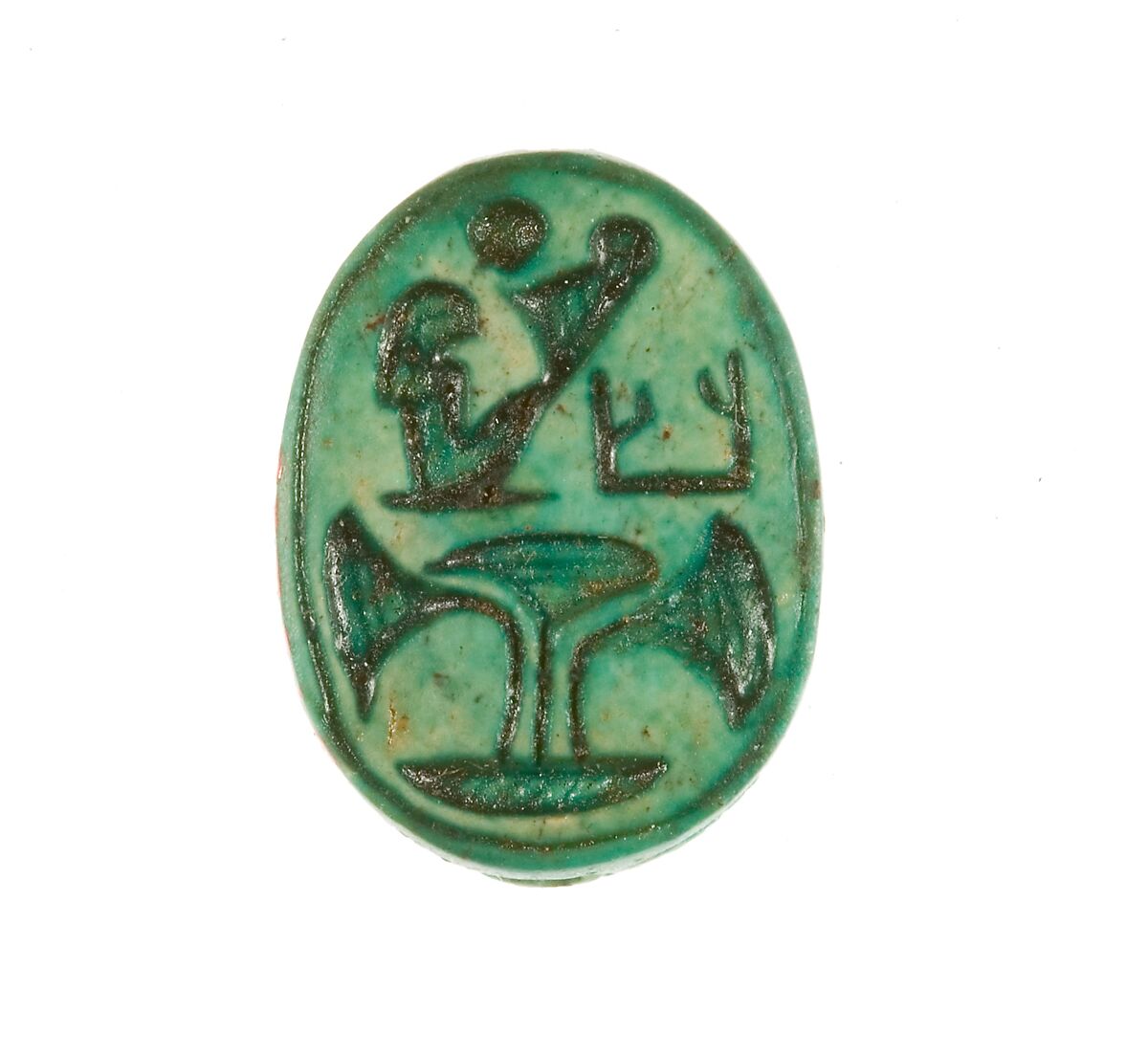 Scarab Inscribed with the Name Maatkare Over a Papyrus Thicket, Steatite (glazed) 