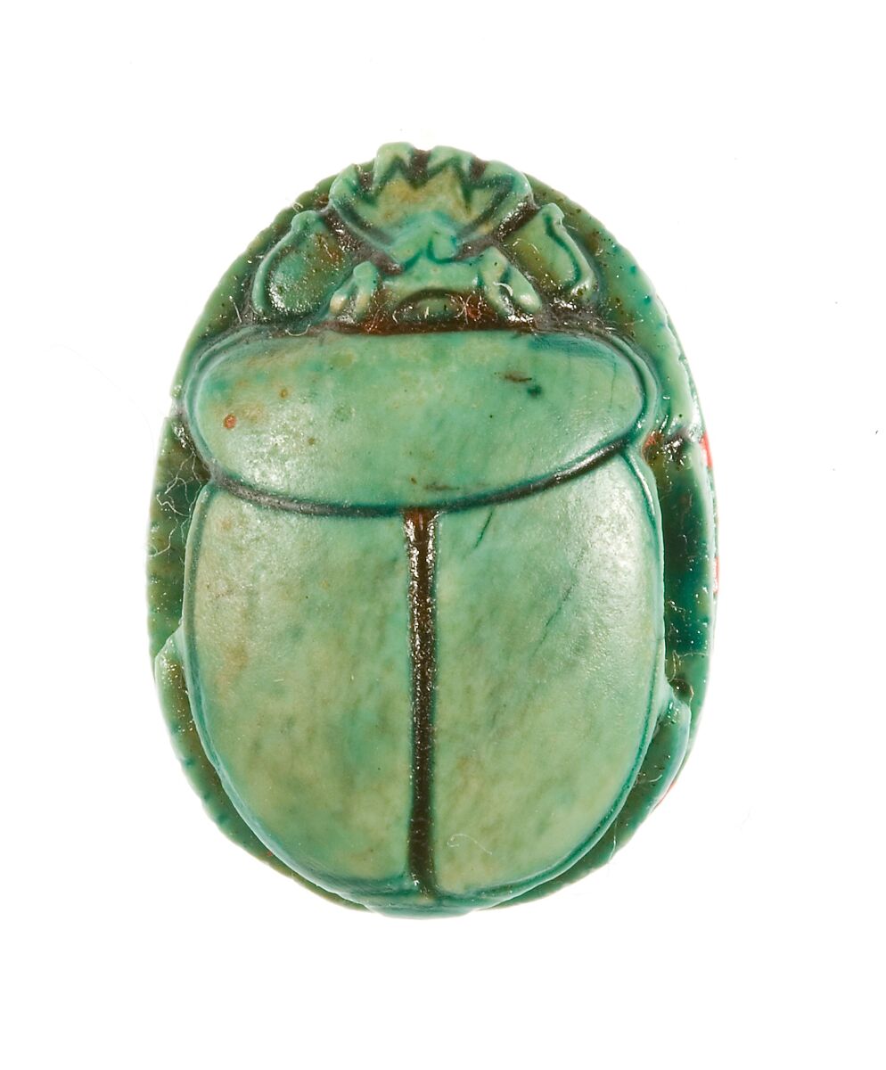 Scarab Inscribed with the Name Maatkare (Hatshepsut) Flanked by Two Falcons, One Proffering an Ankh, Steatite (glazed)