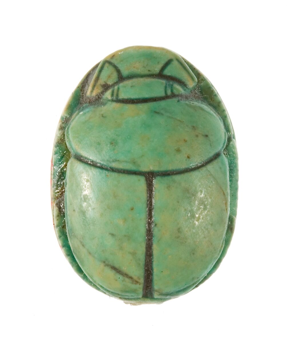 Scarab Inscribed for the Perfect God Maatkare (Hatshepsut), Flanked by Two Red Crowns, Steatite (glazed)