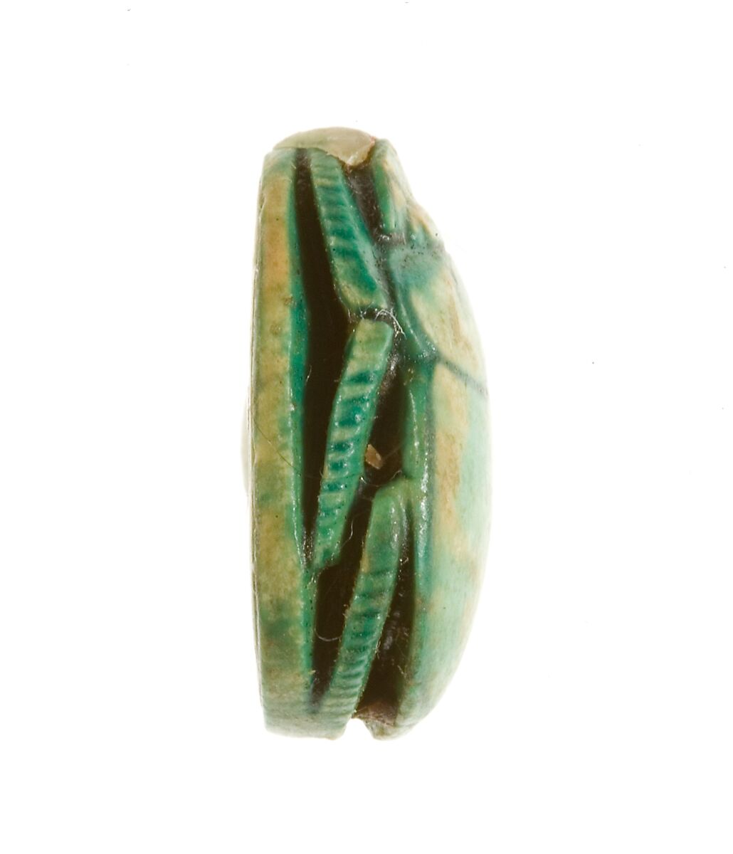 Scarab Inscribed Lord of the Two Lands Maatkare (Hatshepsut)  Flanked by Two Falcons, Steatite (glazed)